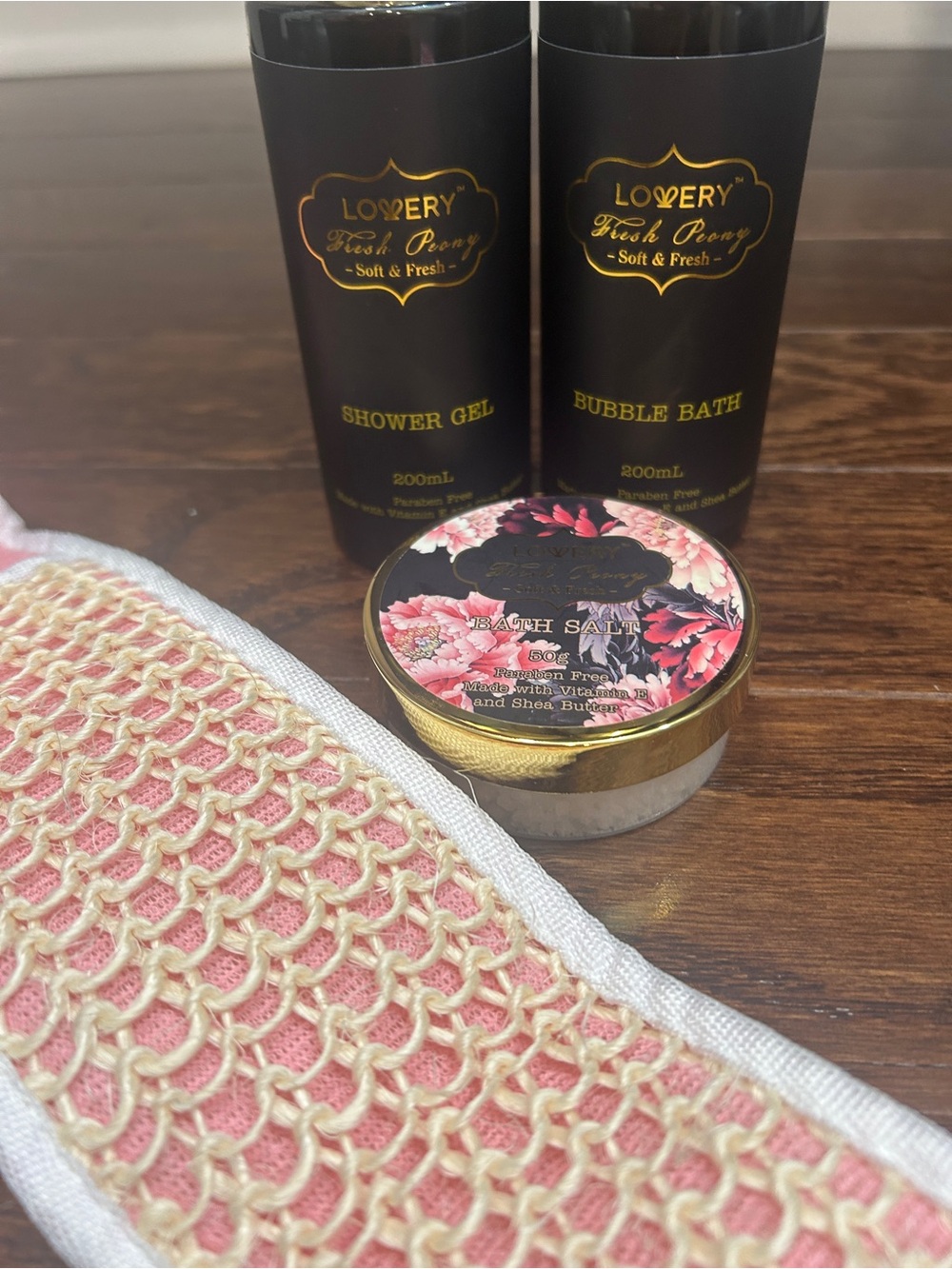Love Fresh Peony Pink & Black Shower Gel, Bubble Bath & Bath Salt Set